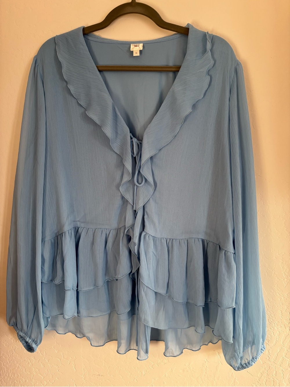 Light Blue Ruffled V-Neck Blouse - Unbranded